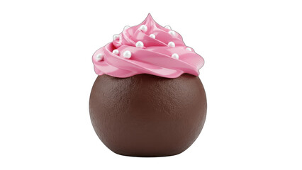 Chocolate Sphere with Pink Frosting and Pearls on White Background
