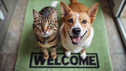 Plakat Dog and cat on “WELCOME” doormat by the door — AI generated