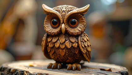 Carved Wooden Owl Figurine on Tree Stump.