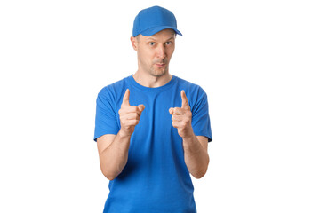 Man in blue shirt and cap gestures with fingers indicating size