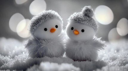 Two snowmen in winter clothes standing on snow with bokeh background festive winter holiday concept