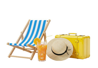 hyper-realistic 3d render of a striped deckchair, sweating orange juice, straw hat, and yellow vintage suitcase on a transparent background with copy space for premium summer vacation concept