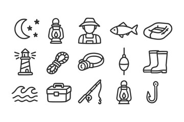 Camping and fishing icon set featuring lanterns, fisherman, boat, and lighthouse.