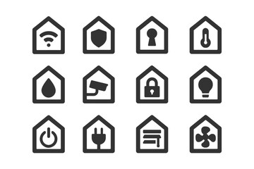 Fototapeta premium Smart home icon set: security, energy, access, and connectivity symbols.