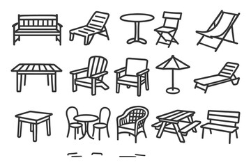 Hand-drawn outdoor furniture collection: chairs, tables, benches, loungers, umbrella.