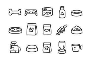 Pet feeding icons: bowls, cans, scoops, and bags.