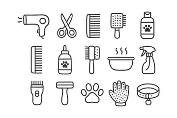 Pet grooming tools icons: hairdryer, scissors, brushes, gloves, collar.