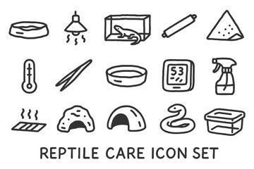 Fototapeta premium Reptile care icon set: terrarium, snake, thermometer, spray bottle, heat lamp.