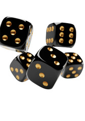 highly polished, jet-black, six-sided resin dice with metallic gold pips frozen mid-air in dynamic rotation, isolated on a transparent background with sharp shadows. concept of gambling and high