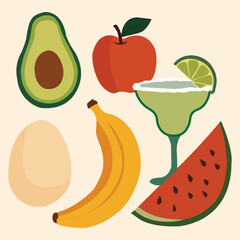 Illustration of Vibrant summer fruit and refreshing drink with egg.