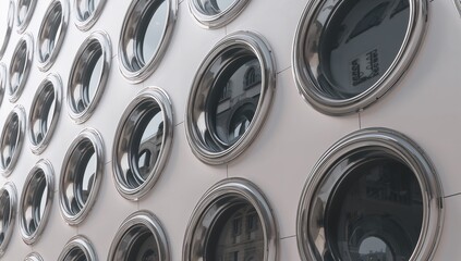 Showing building facade with round porthole windows, chrome bezels and reflective glass on street
