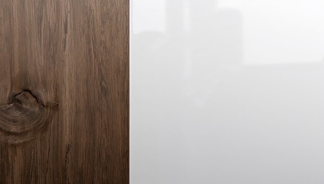 Showing dark brown wood panel contrasting glossy white cabinet seam, soft window glint, copy space