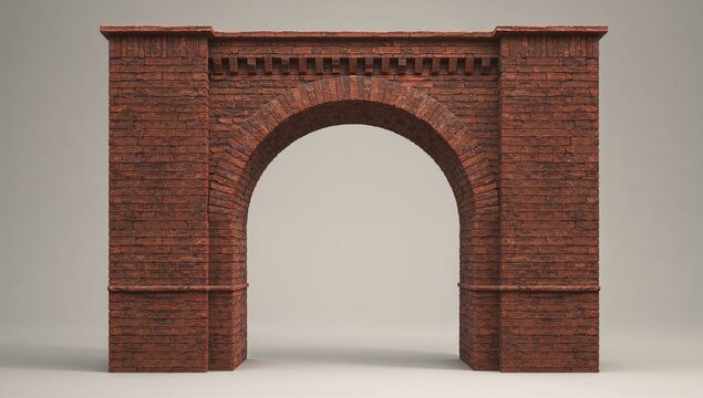 Displaying freestanding red-brown brick archway at center in studio, showing voussoirs and mortar