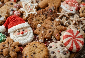 Assortment of festive christmas cookies with santa, gingerbread men, stars and peppermint candy shapes on wooden table.