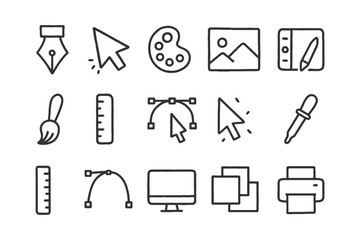 Digital design tools icons: cursor, paintbrush, palette, screen, printer, pipette, vector graphics.