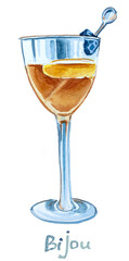 Glass with Bijou cocktail.