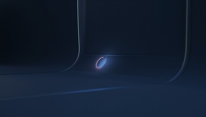 Glowing circular control with blue-purple halo in cabin with ribbed grille below, copy space