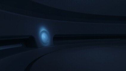 Glowing mesh blue grille casting halo on curved wall inside futuristic pod, showing recessed vent
