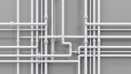 Displaying dense white pipe network running across utility room wall, with elbow fittings and valve