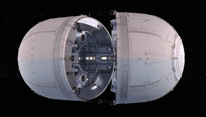 Showing pair of white capsule halves floating in space, revealing exposed ring, racks, hatches