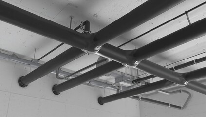 Showing large black insulated pipes forming X and hanging from basement ceiling, with cable trays