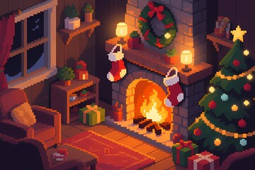 Pixel Art Isometric Christmas Fireplace Cozy Interior Illustration.
