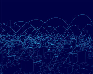 Abstract blue wireframe city of interconnected cubes creates a futuristic artificial intelligence concept. The deep blue background adds dimension to the geometric pattern.