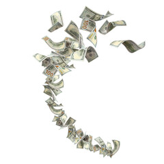 Flying hundred dollar bills, isolated on transparent cutout background