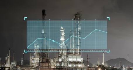 Rising data graph overlays oil refinery plant, highlighting demand supply trends, price movement and industry performance. Visual of energy sector growth and global market analysis. - Powered by Adobe