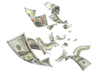 Flying hundred dollar bills, isolated on transparent cutout background