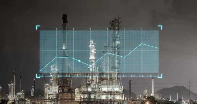 Rising data graph overlays oil refinery plant, highlighting demand supply trends, price movement and industry performance. Visual of energy sector growth and global market analysis.