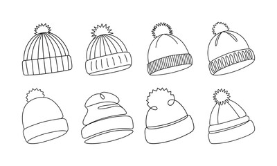 A minimalist collection of various winter beanie hats with pompoms drawn in simple continuous line art style