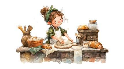 A whimsical watercolor painting of a young girl lovingly baking bread in her cozy kitchen with on transparent background