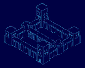 A modular fortress blueprint features a prominent central clock tower. Its geometric contour is composed of various interlocking shapes against a stark blue background.