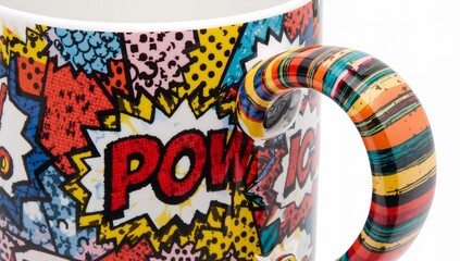 Displaying ceramic mug showing POW halftone print in studio, striped handle, foil sticker