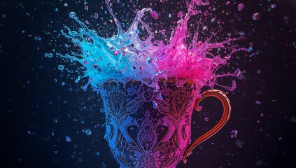 Erupting cyan and magenta liquids from ornate cup in studio, metal handle and droplets scattering