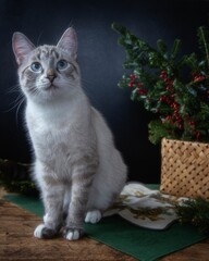 A beautiful blue-eyed Ojos Azules cat and Cristmas tree