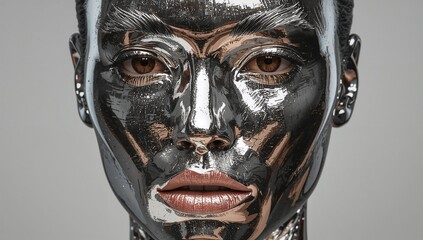 Obraz premium Showing human-like face wearing chrome coating in studio, revealing brown irises and stud earrings