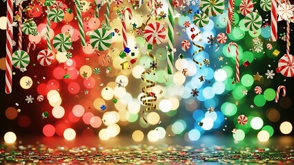 Festive candy rain against vibrant holiday bokeh background