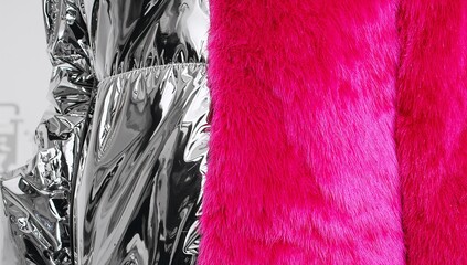 Displaying silver-coated garment and bright fuchsia faux-fur panel in studio, catching highlights