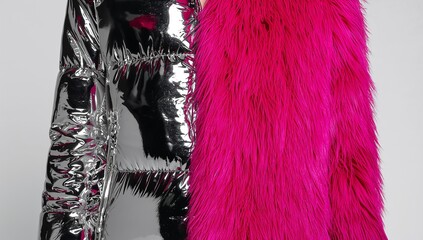 Displaying two torsos wearing metallic silver quilted puffer and fuchsia faux fur coats in studio