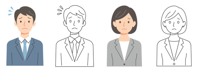 Sad Business People Set &ndash; Male and Female Office Workers in Color and Outline Version