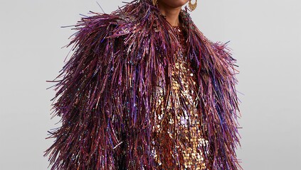 Featuring model wearing purple fringe jacket, gold sequin top in studio, showing gold hoop earring