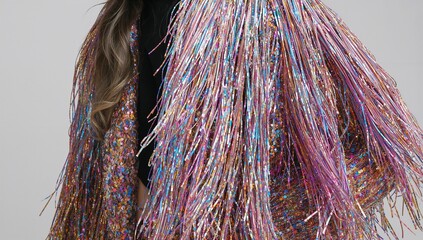 Posing model wearing multicolor metallic fringe jacket over black top in studio, showing tinsel