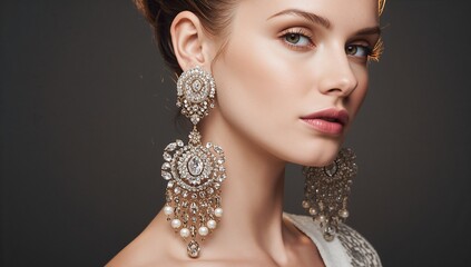 Posing adult female model wearing big chandelier earrings at studio with embroidered drape, updo