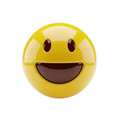 a hyper-realistic, glossy, vibrant yellow 3d smiley face emoticon with an exaggerated joyful grin, perfectly isolated on a seamless transparent background. concept of digital happiness and positivity