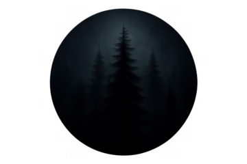 Dark forest with fir trees forming a mysterious, spooky landscape shrouded in thick fog, transparent background