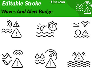 A modern waves and alert badge icon featuring smooth radiating wave lines paired. A small circular warning badge containing an exclamation mark. Designed with minimal crisp strokes to active signals.