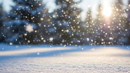 Magical falling snow over bright winter forest ground
