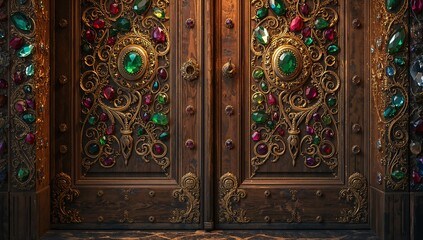 Displaying ornate carved wooden double doors at palace foyer, with gilded filigree, green cabochons